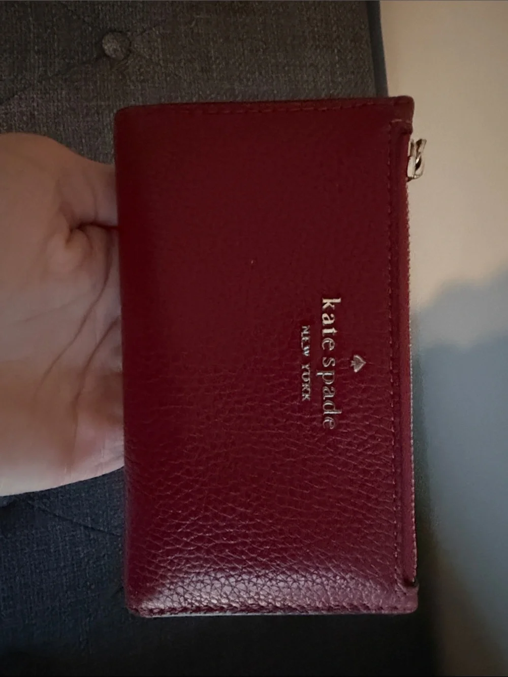 kate spade Red Pebbled Leather Zip Card Wallet with Gold Logo